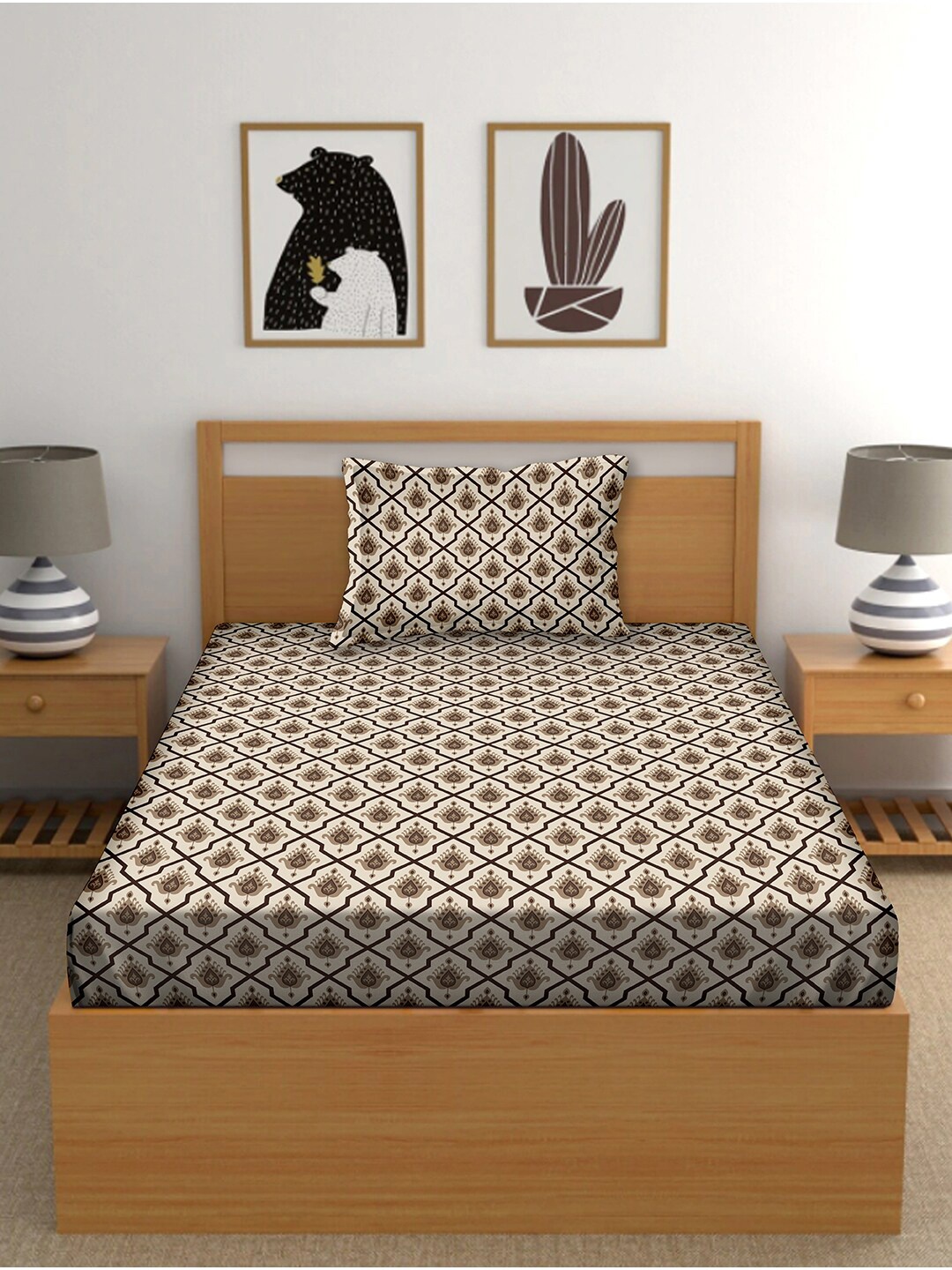 

BELLA CASA Brown & Grey 150 TC Single Bedsheet with 1 Pillow Covers