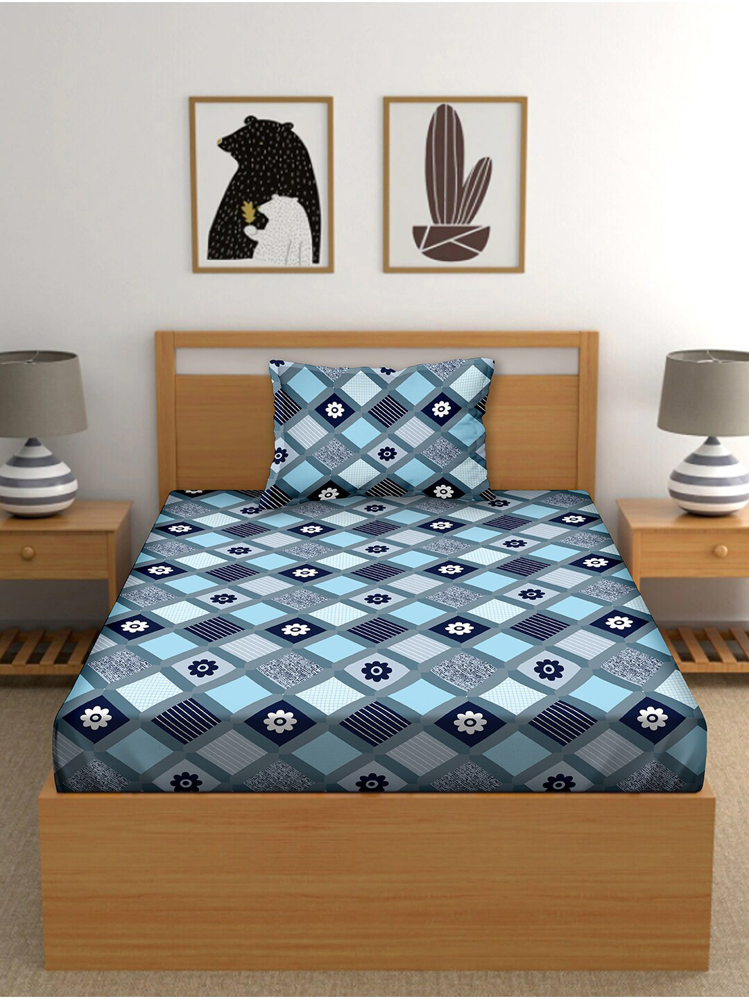 

BELLA CASA Blue & White 150 TC Single Bedsheet with 1 Pillow Covers