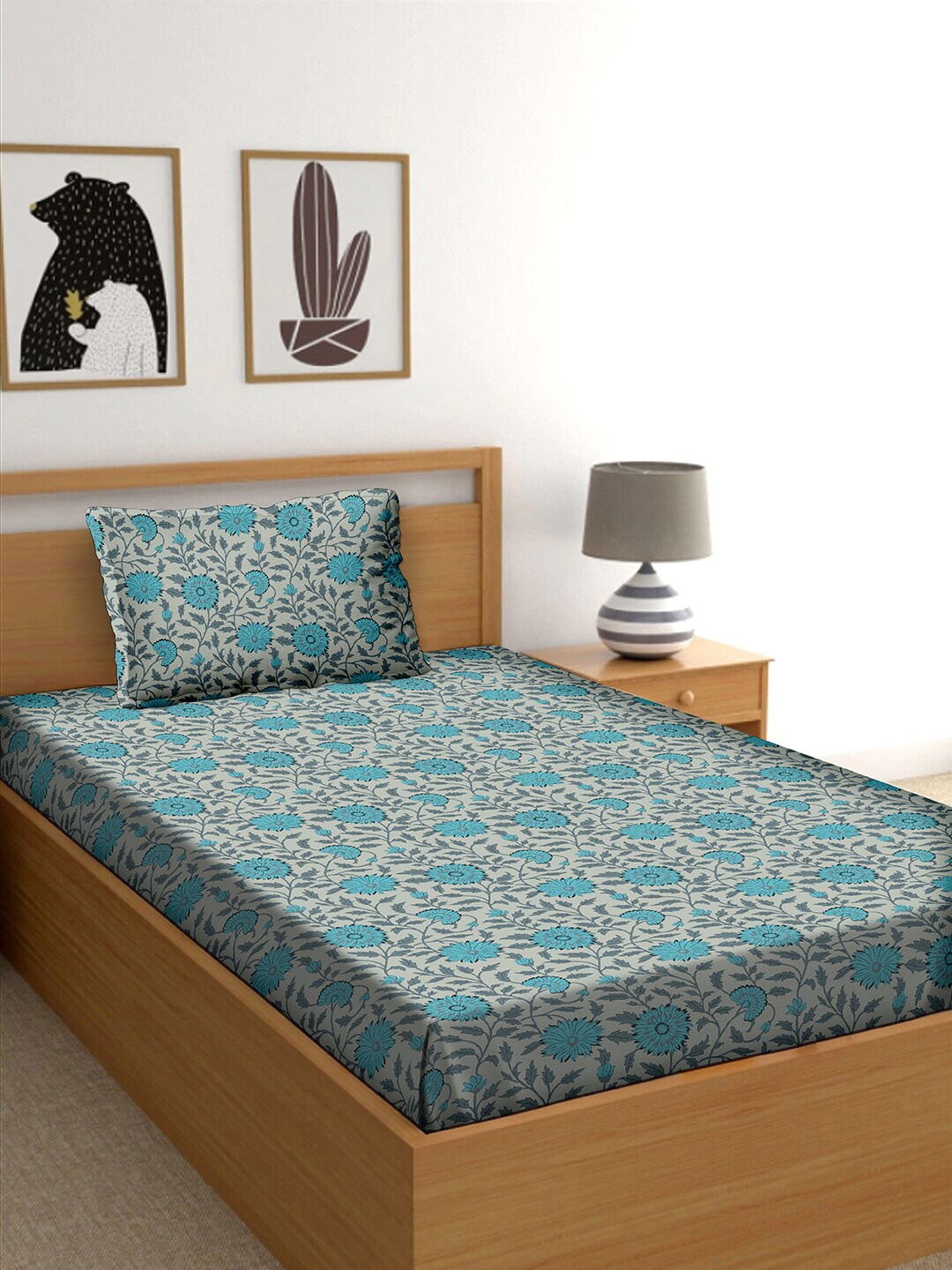 

BELLA CASA Blue & Grey Floral 150 TC Single Bedsheet with 1 Pillow Covers