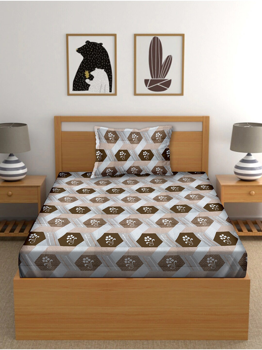

BELLA CASA White & Brown 150 TC Single Bedsheet with 1 Pillow Covers