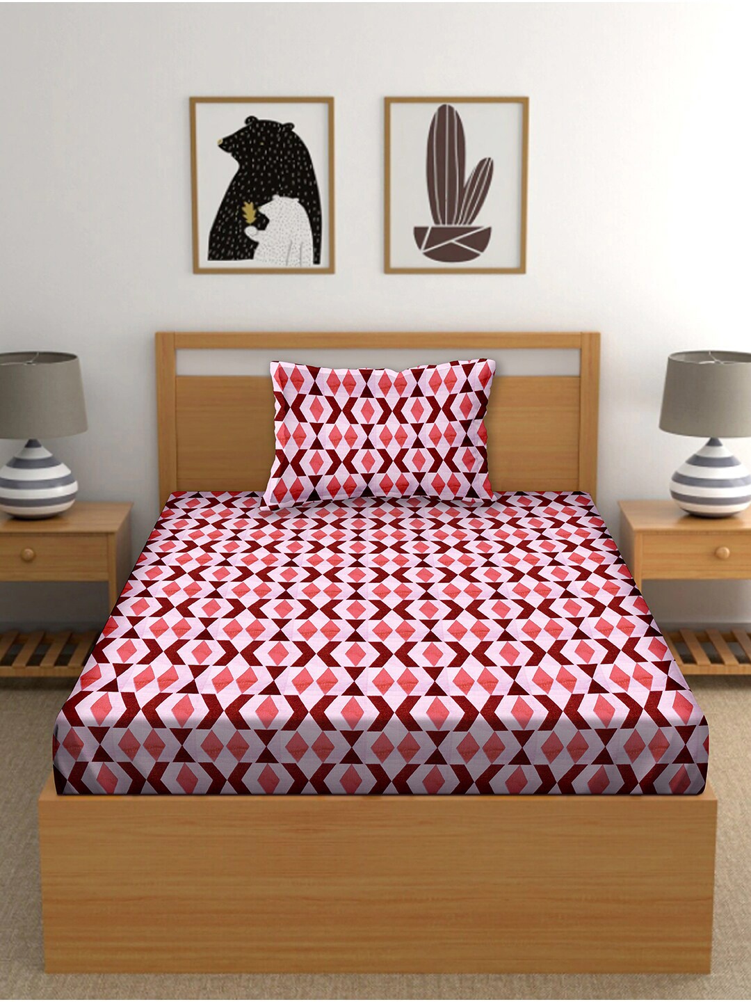 

BELLA CASA Pink & White Geometric 150 TC Single Bedsheet with 1 Pillow Covers