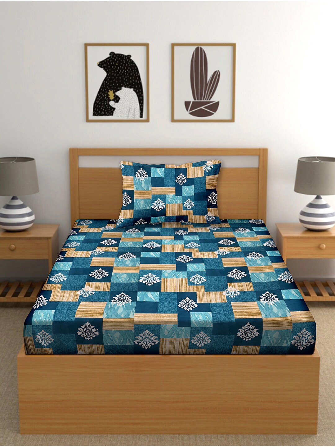 

BELLA CASA Blue & Brown 150 TC Single Bedsheet with 1 Pillow Covers