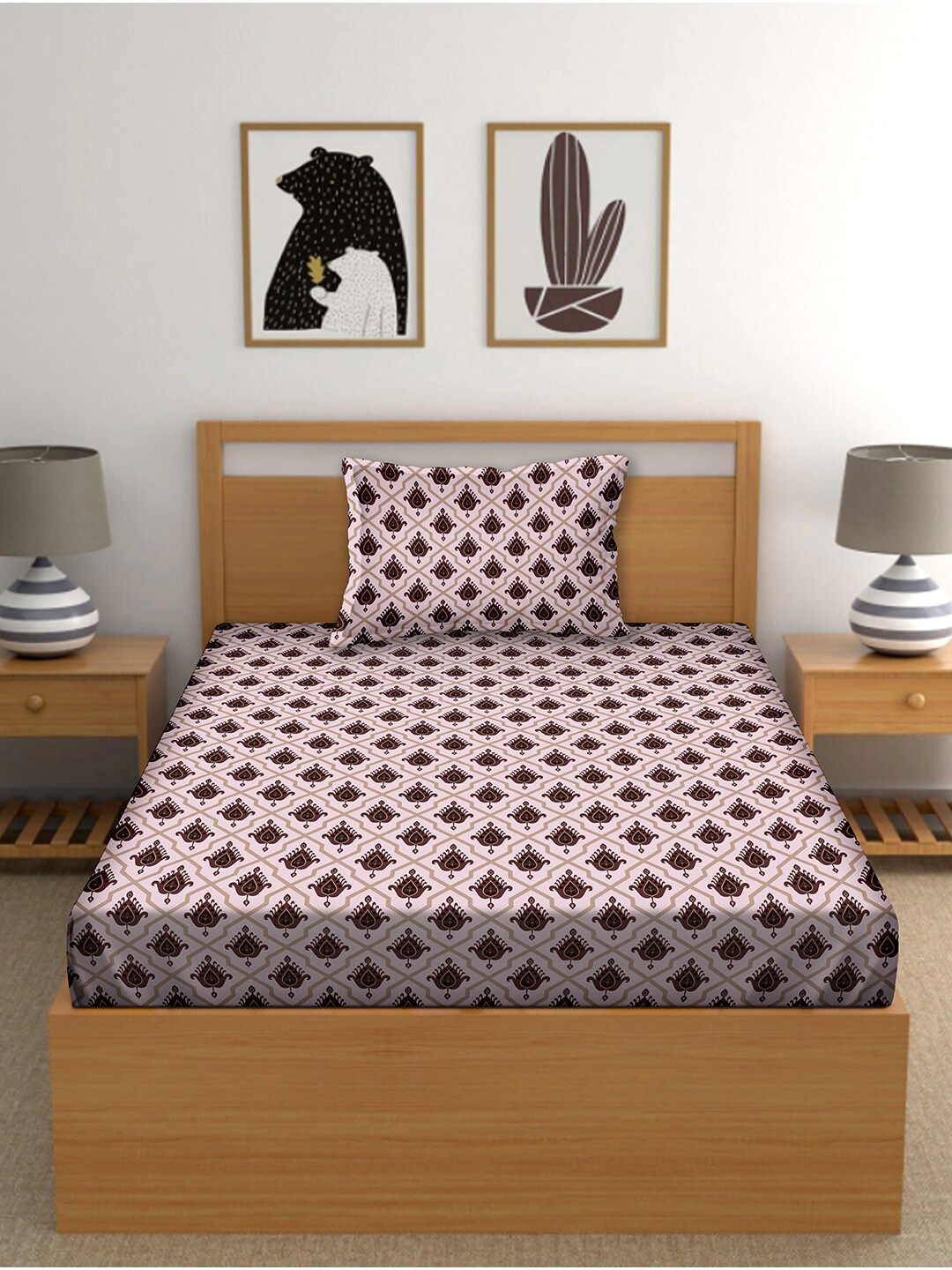 

BELLA CASA Cuddle Collection Ethnic Motifs Cotton Single Bedsheet with 1 Pillow Cover, Beige