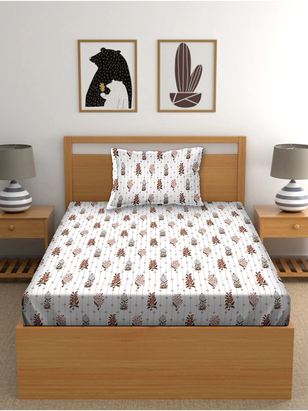 

BELLA CASA White & Brown 150 TC Single Bedsheet with 1 Pillow Covers