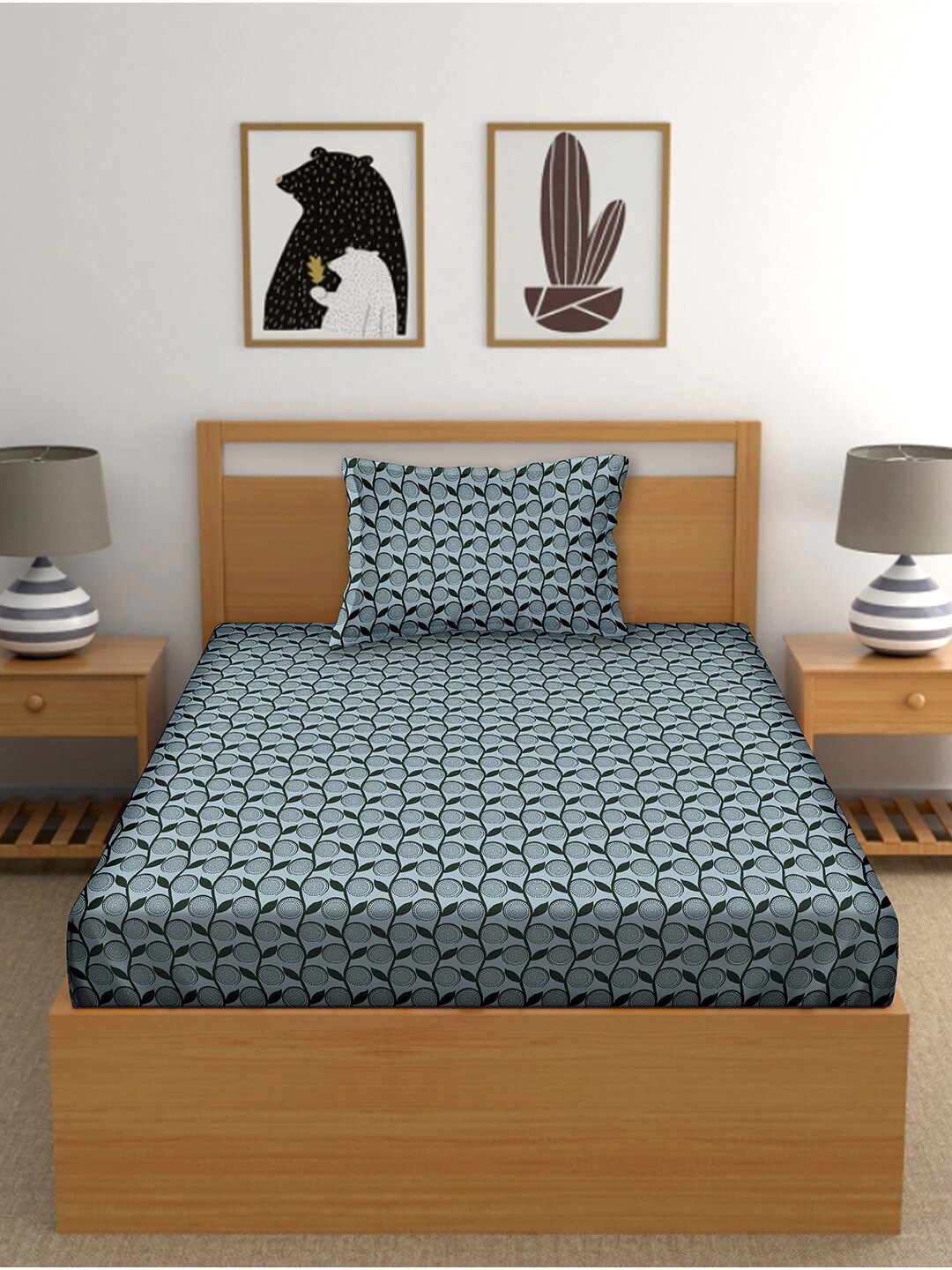 

BELLA CASA Teal & Grey Floral 150 TC Single Bedsheet with 1 Pillow Covers