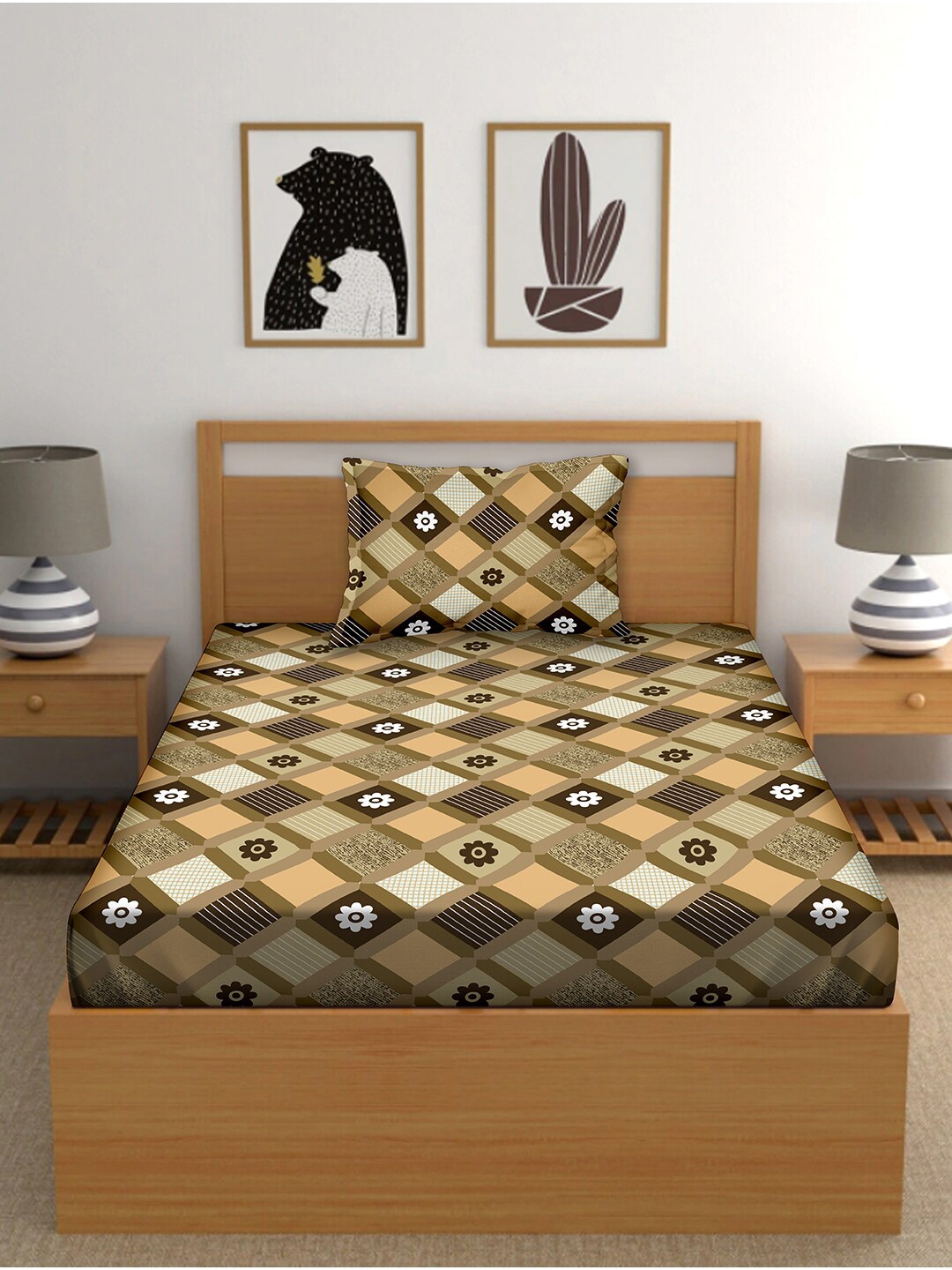 

BELLA CASA Brown & Beige Floral 150 TC Single Bedsheet with 1 Pillow Covers