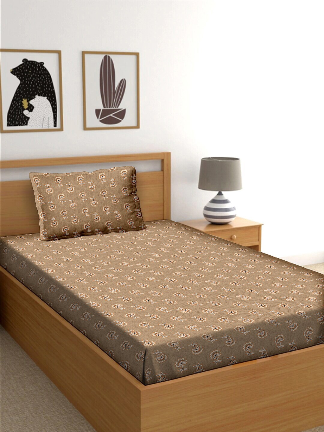 

BELLA CASA Brown & White 150 TC Single Bedsheet with 1 Pillow Covers