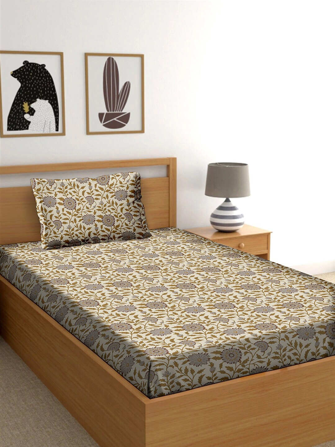 

BELLA CASA Green & Brown Floral 150 TC Single Bedsheet with 1 Pillow Covers