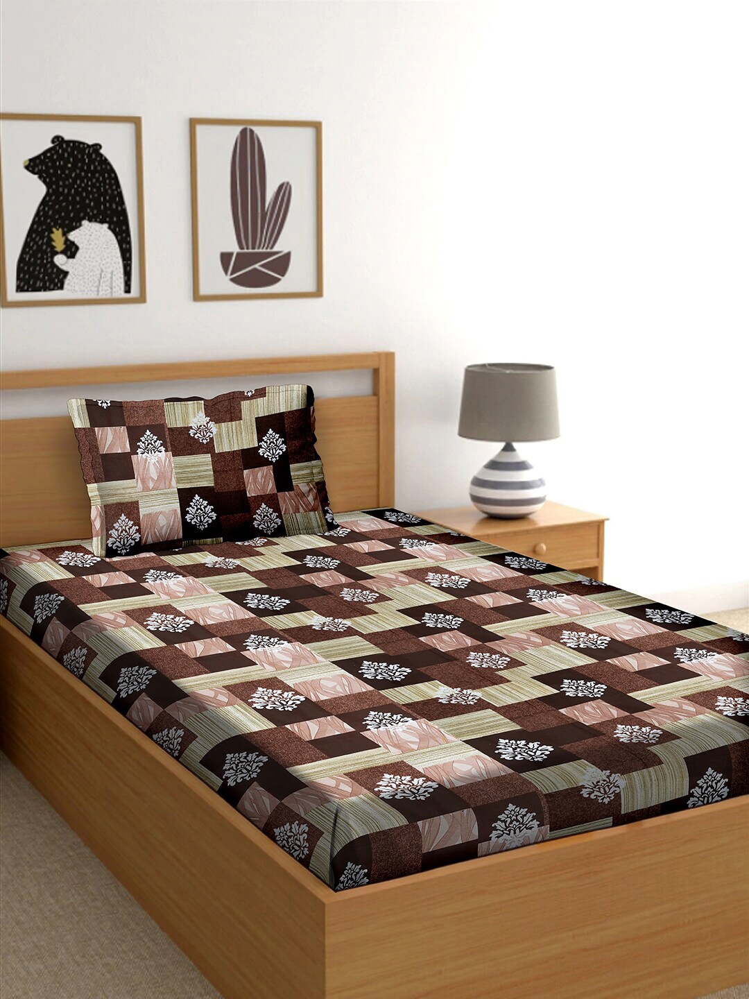 

BELLA CASA Brown & White Floral 150 TC Single Bedsheet with 1 Pillow Covers