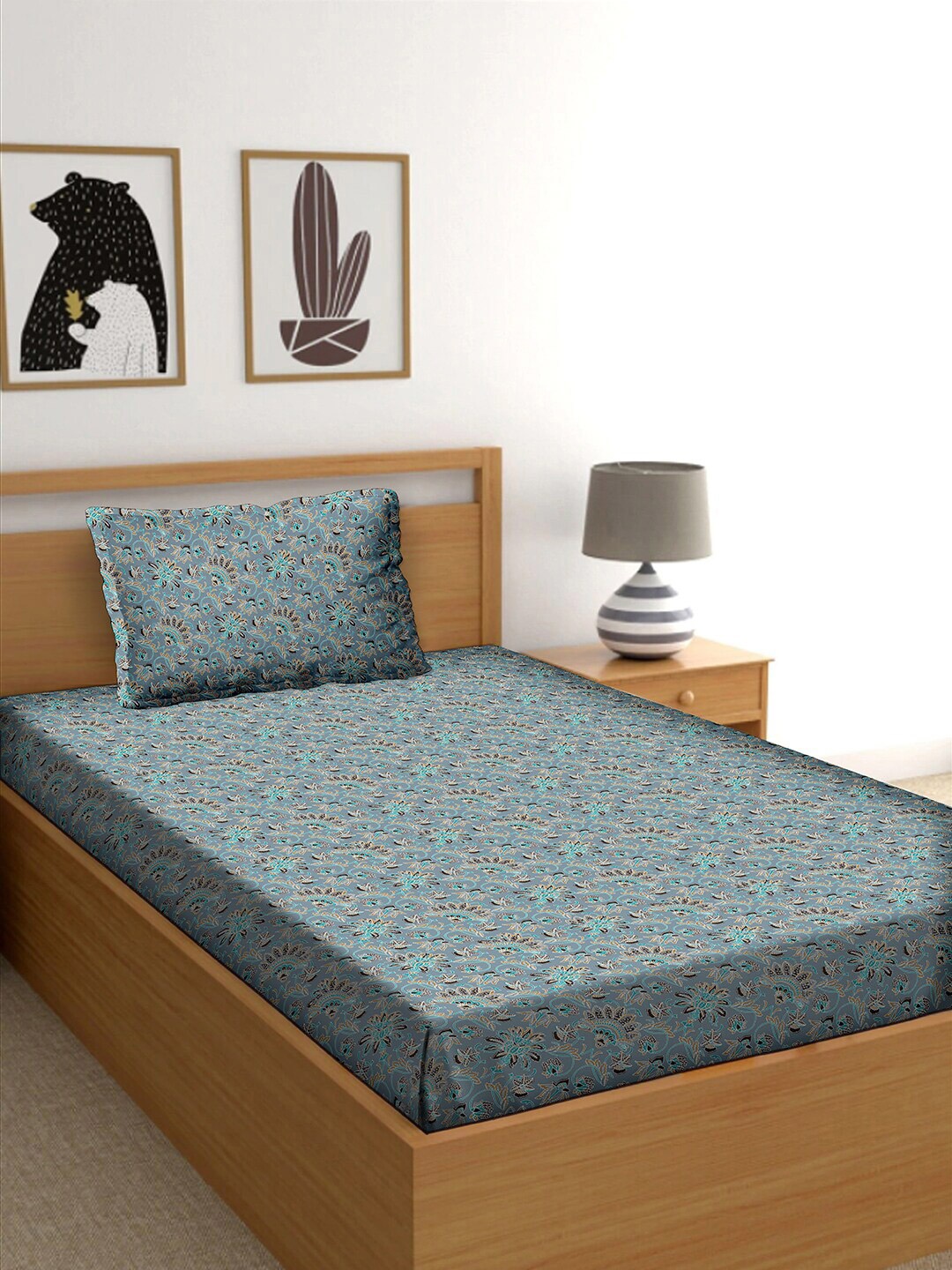 

BELLA CASA Grey & Blue Floral 150 TC Single Bedsheet with 1 Pillow Covers
