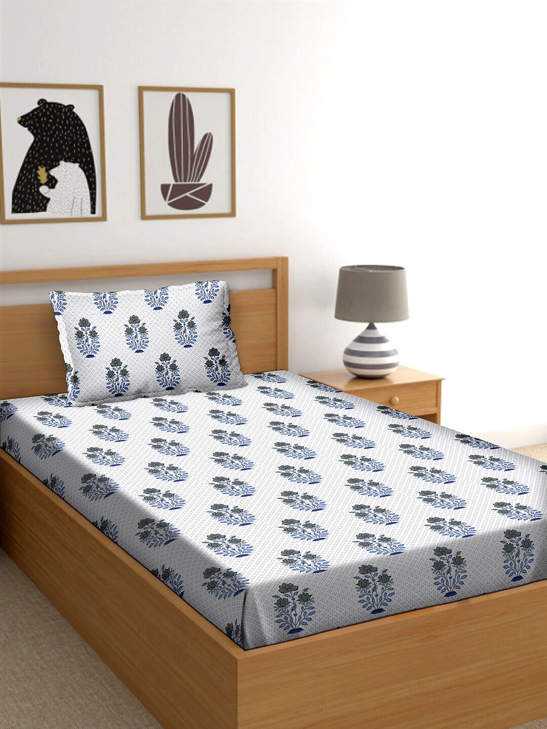 

BELLA CASA White & Blue Floral 150 TC Single Bedsheet with 1 Pillow Covers