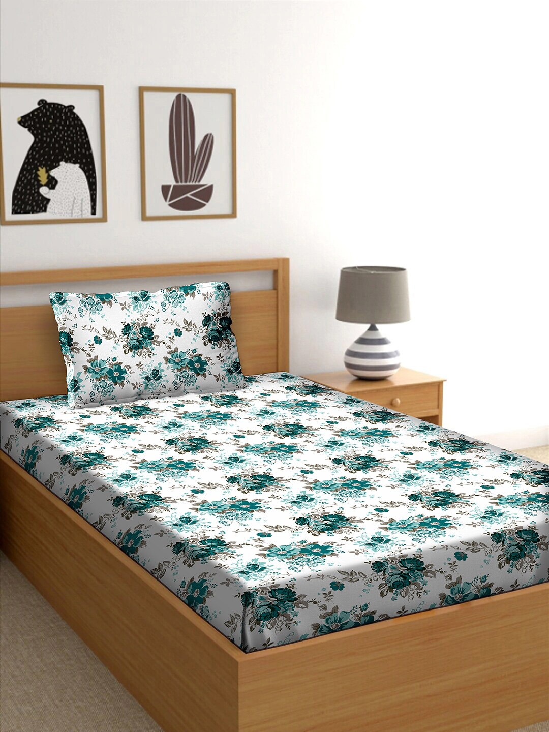 

BELLA CASA White & Teal Floral 150 TC Single Bedsheet with 1 Pillow Covers
