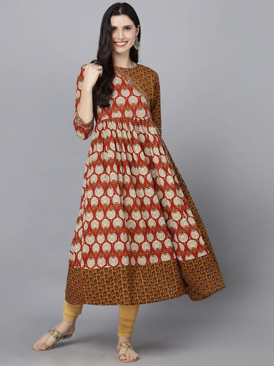 

MAAND Ethnic Motifs Printed Anarkali Cotton Kurta, Maroon