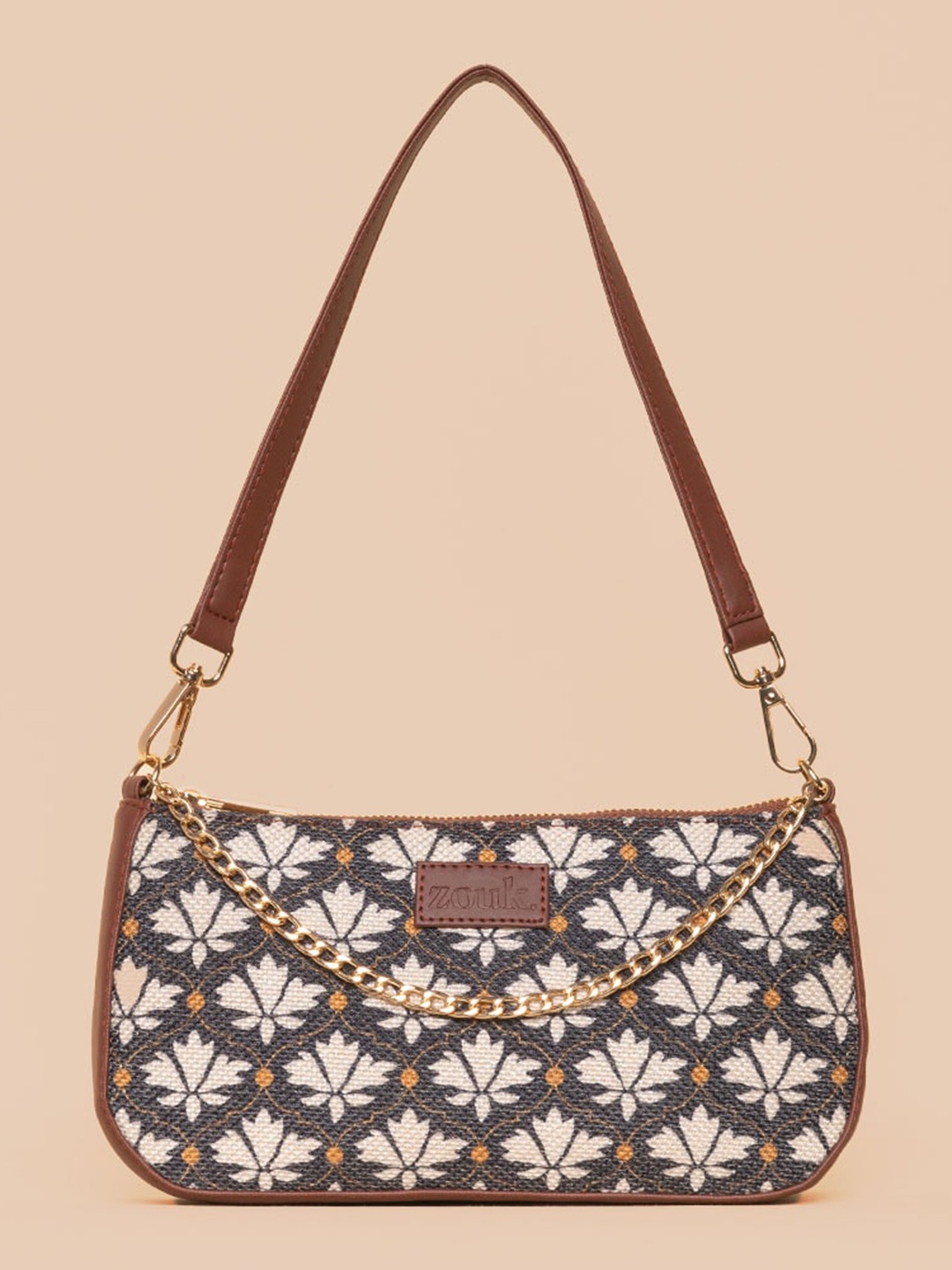 

ZOUK Floral Printed Structured Baguette Bag Handbags, Black