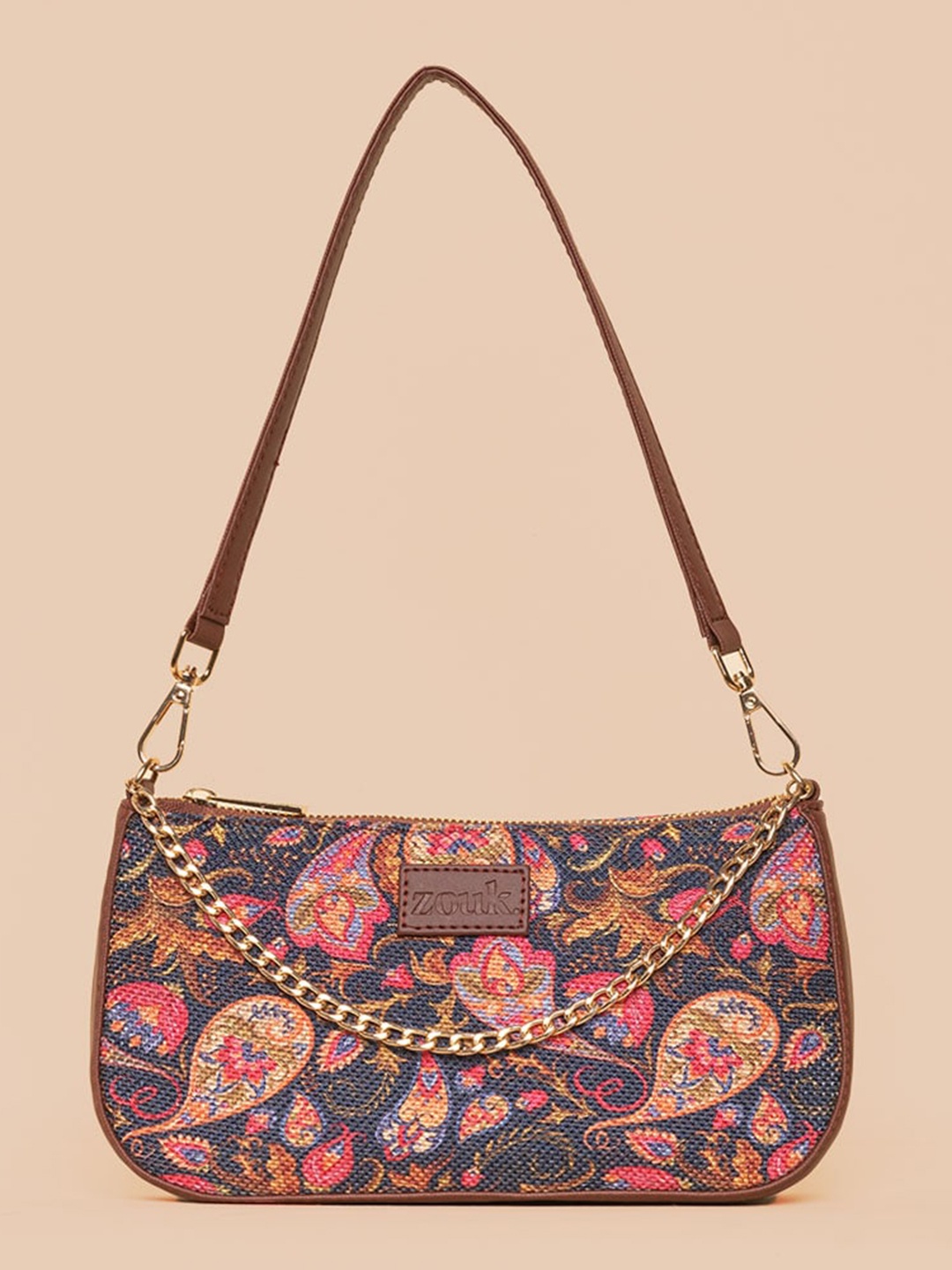 

ZOUK Ethnic Motifs Printed Structured Baguette Bag Handbags, Brown