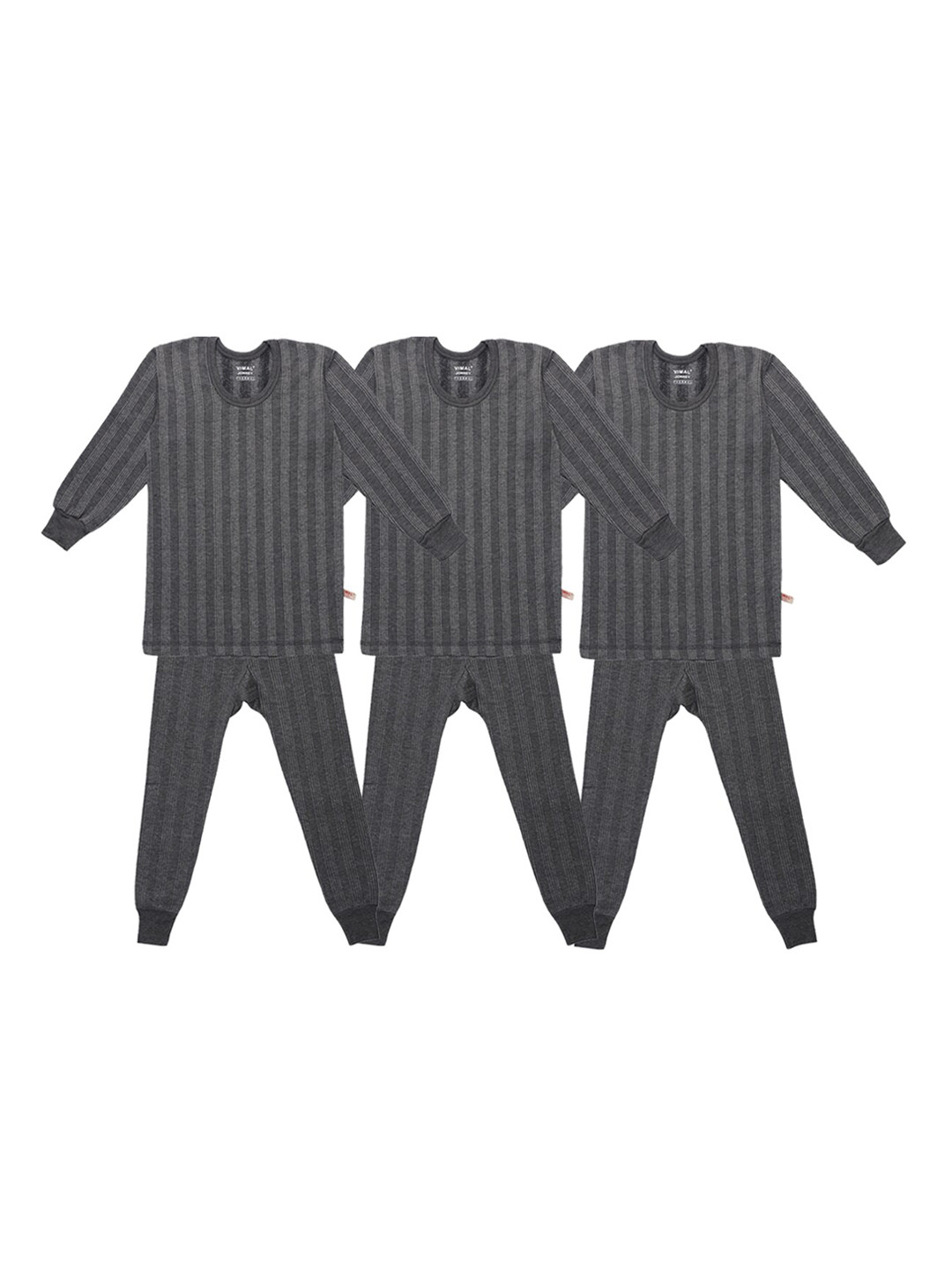 

VIMAL JONNEY Kids Pack of 3 Self Striped Cotton Thermal Sets, Grey