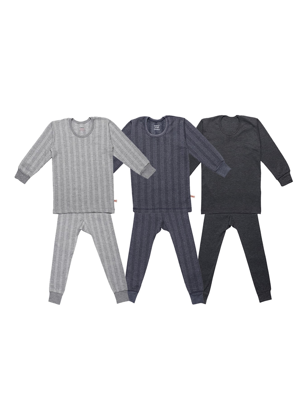

VIMAL JONNEY Kids Pack of 3 Striped Cotton Thermal Sets, Grey