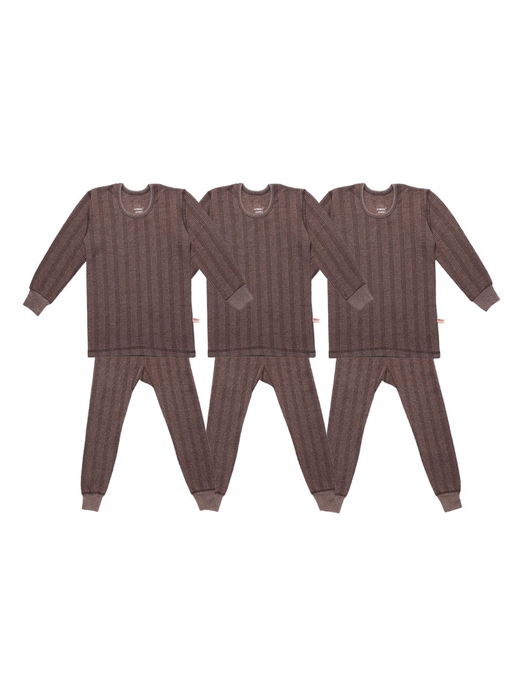 

VIMAL JONNEY Kids Pack Of 3 Cotton Striped Thermal Set, Coffee brown
