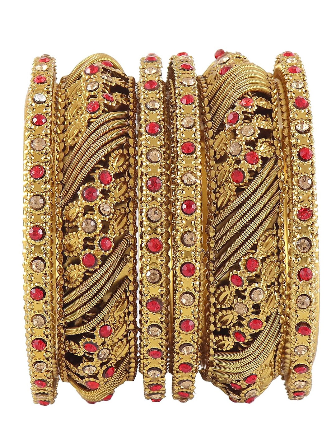 

NMII Set of 2 Zircon Gemstone Studded & Spring Chain Linked Kada Bangles, Gold