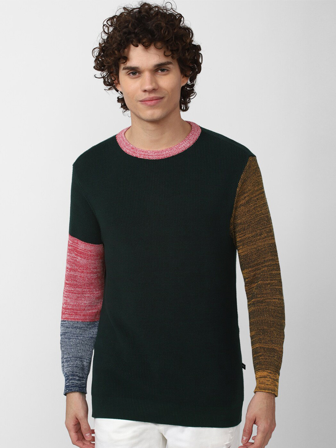 

FOREVER 21 Men Green & Brown Colourblocked Colourblocked Pullover