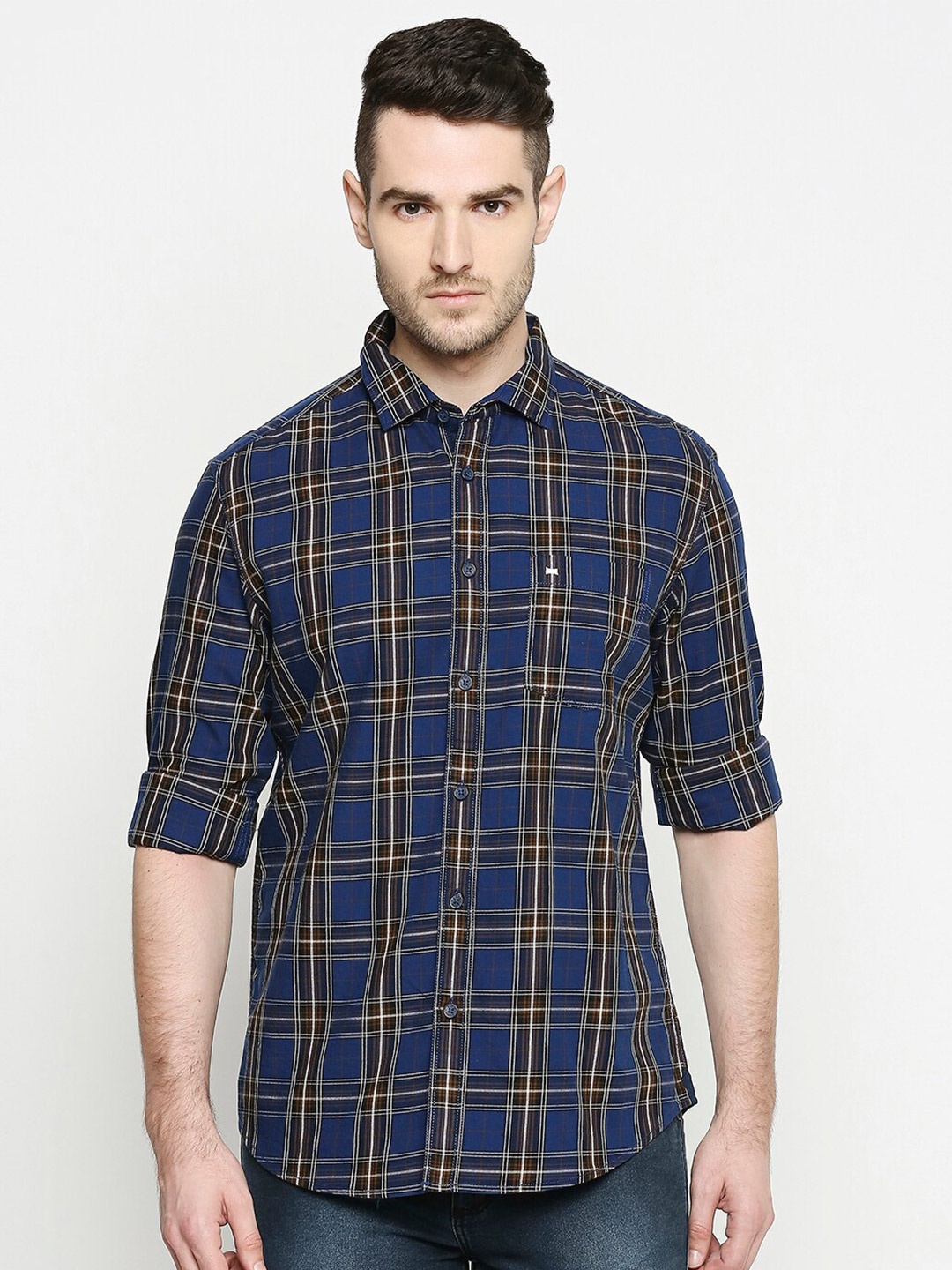 

Basics Men Slim Fit Tartan Checked Cotton Casual Shirt, Navy blue