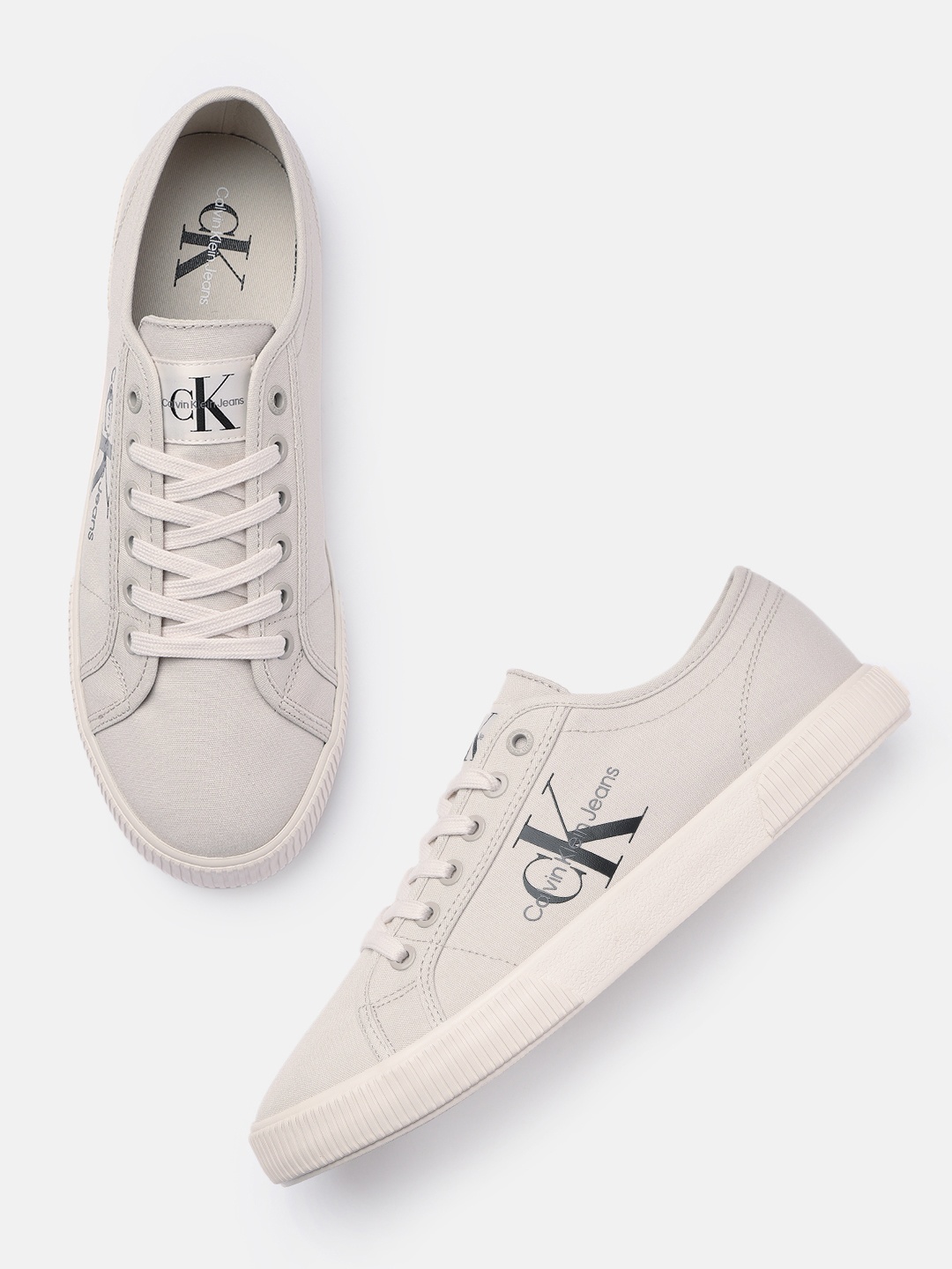 

Calvin Klein Jeans Men Solid Regular Canvas Sneakers With Minimal Brand Logo Print Detail, Beige