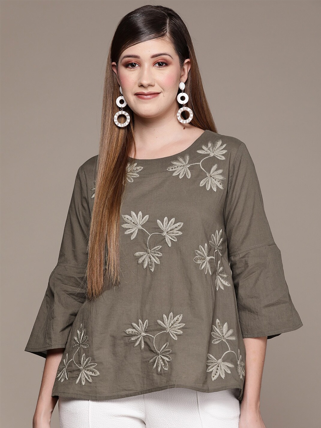 

Ishin Floral Embroidered A-line Top, Olive