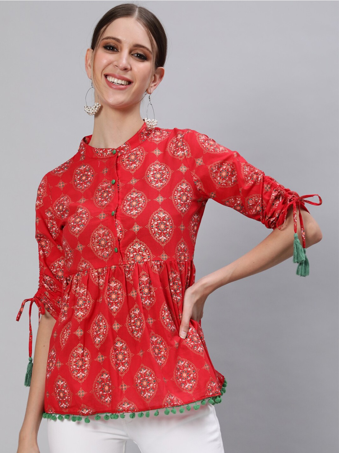 

Ishin Print Tie-Up Cotton Neck Top, Red