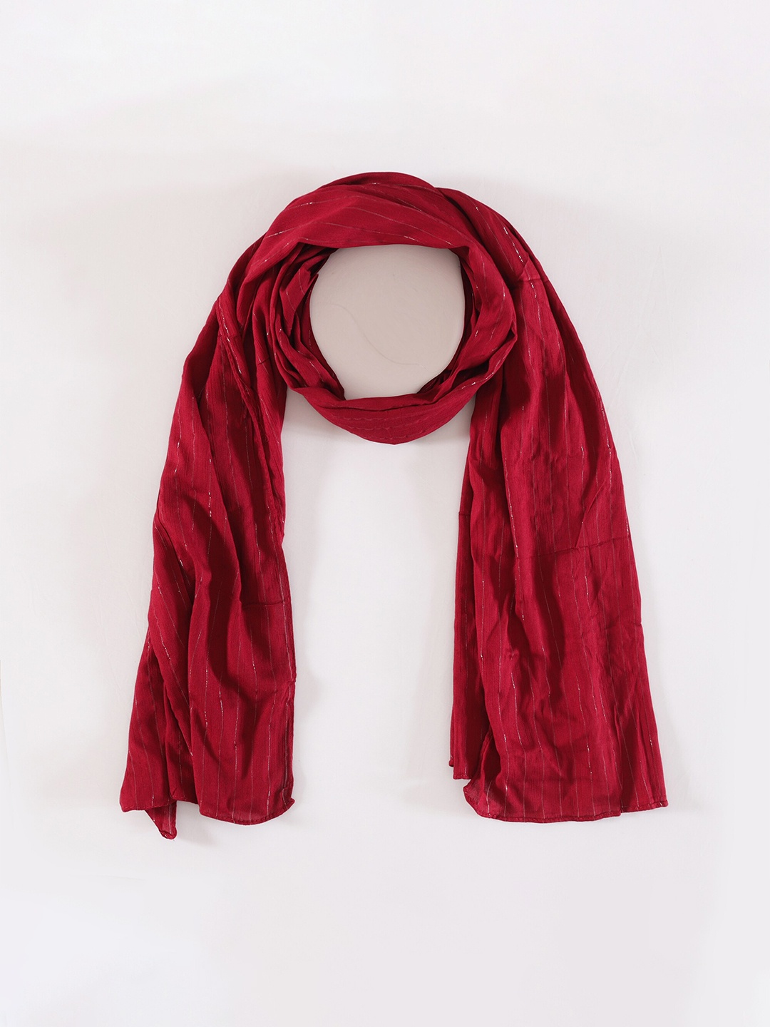 

HANDICRAFT PALACE Women Red & Silver-Toned Striped Scarf