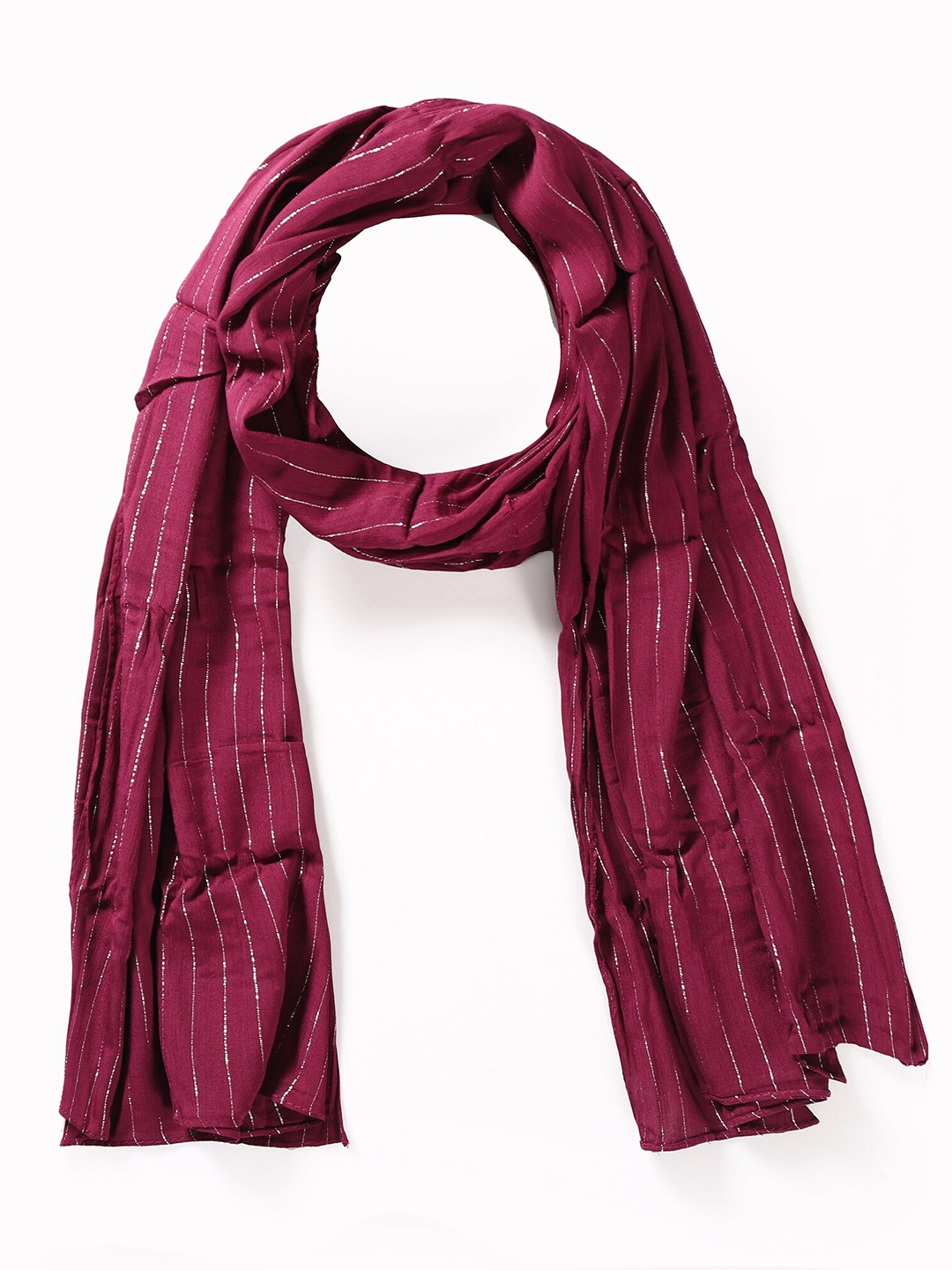 

HANDICRAFT PALACE Women Maroon & Silver-Toned Striped Scarf