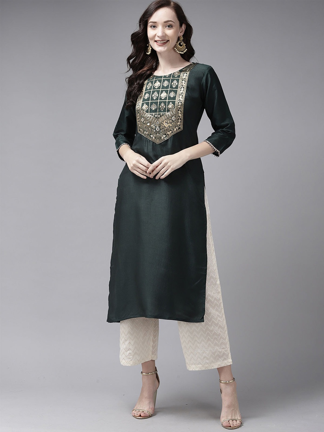 

ODETTE Ethnic Motifs Yoke Design Kurta, Green