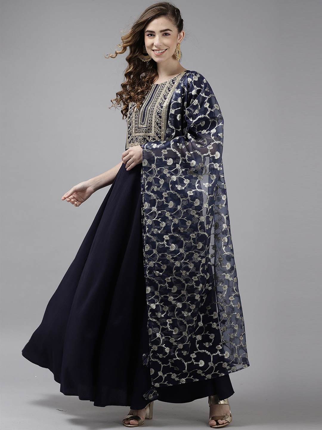 

ODETTE Floral Yoke Design Floral Liva Anarkali Kurta With Dupatta, Navy blue