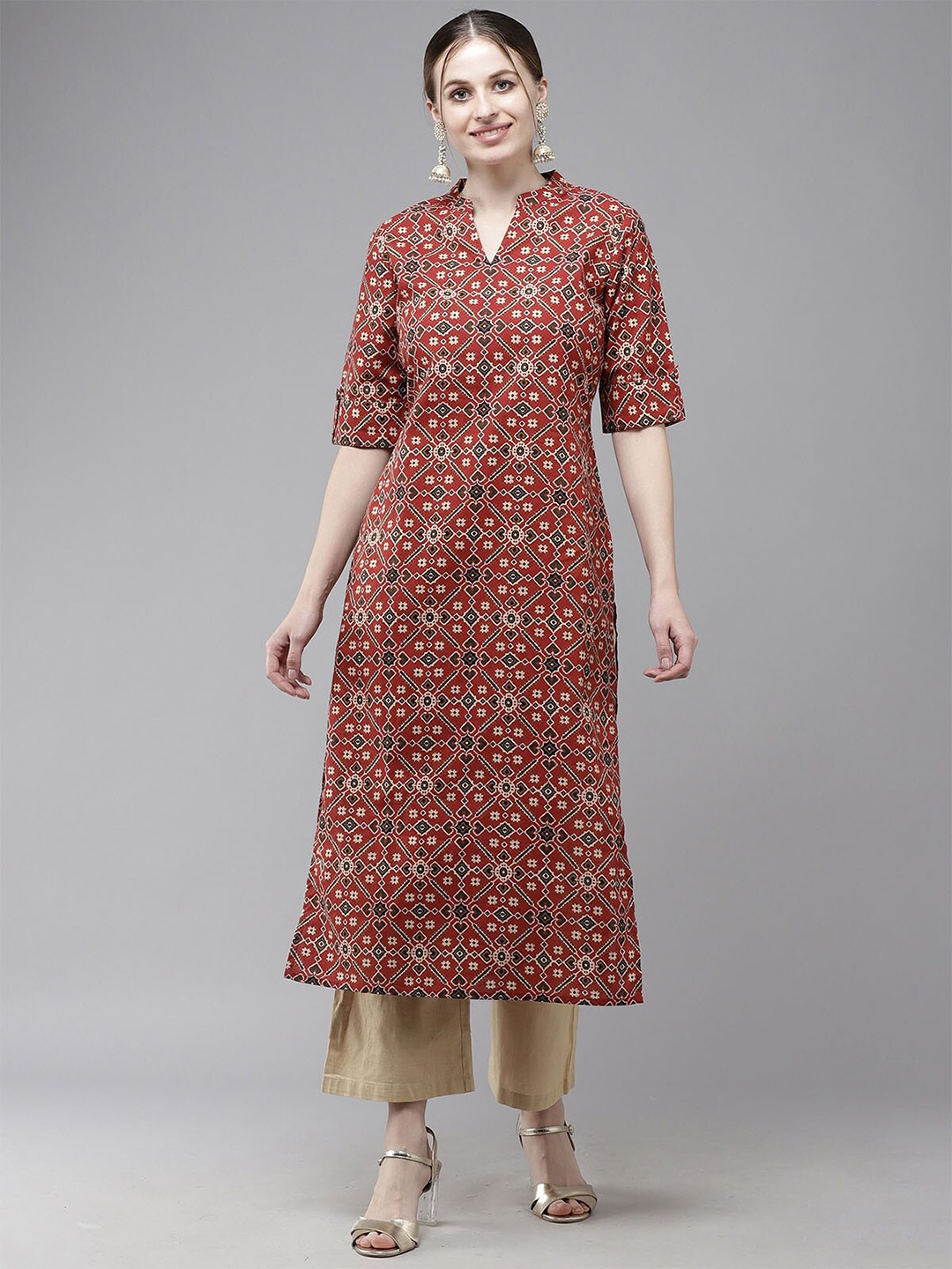

ODETTE Women Red Ethnic Motifs Printed Kurta
