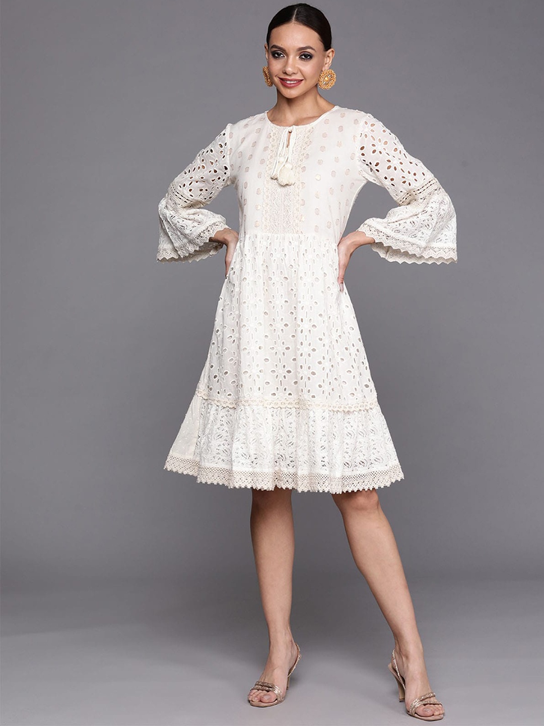 

ODETTE Women Cream Self Design Tie-Up Neck Bell Sleeves A-Line Ethnic Dress