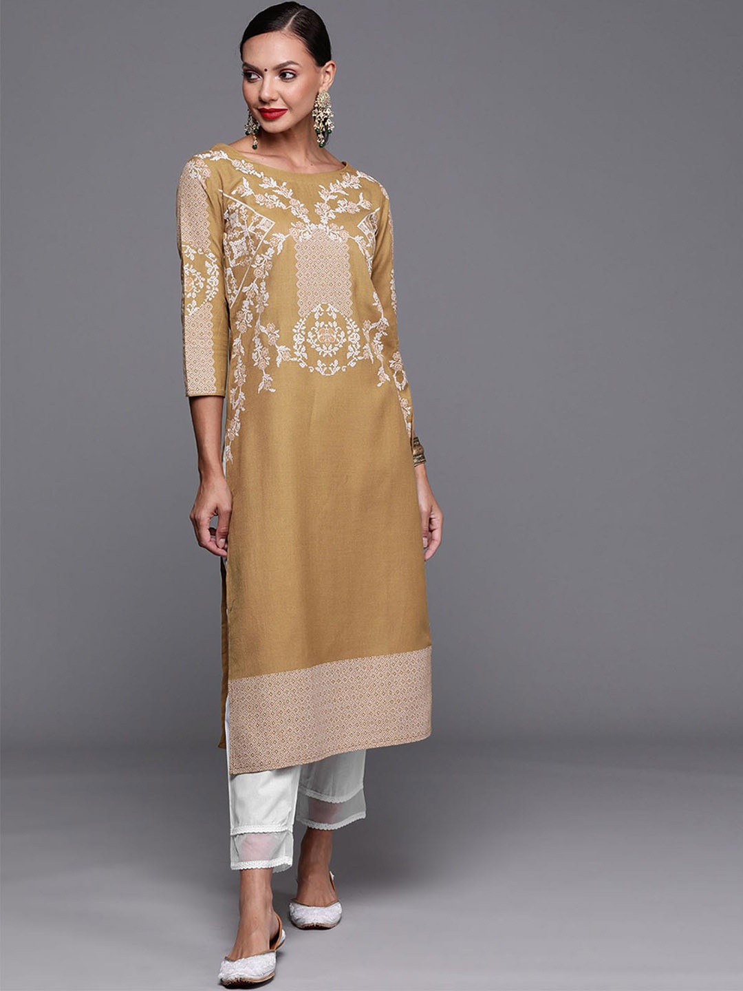 

ODETTE Women Ethnic Motifs Printed Cotton Kurta, Brown