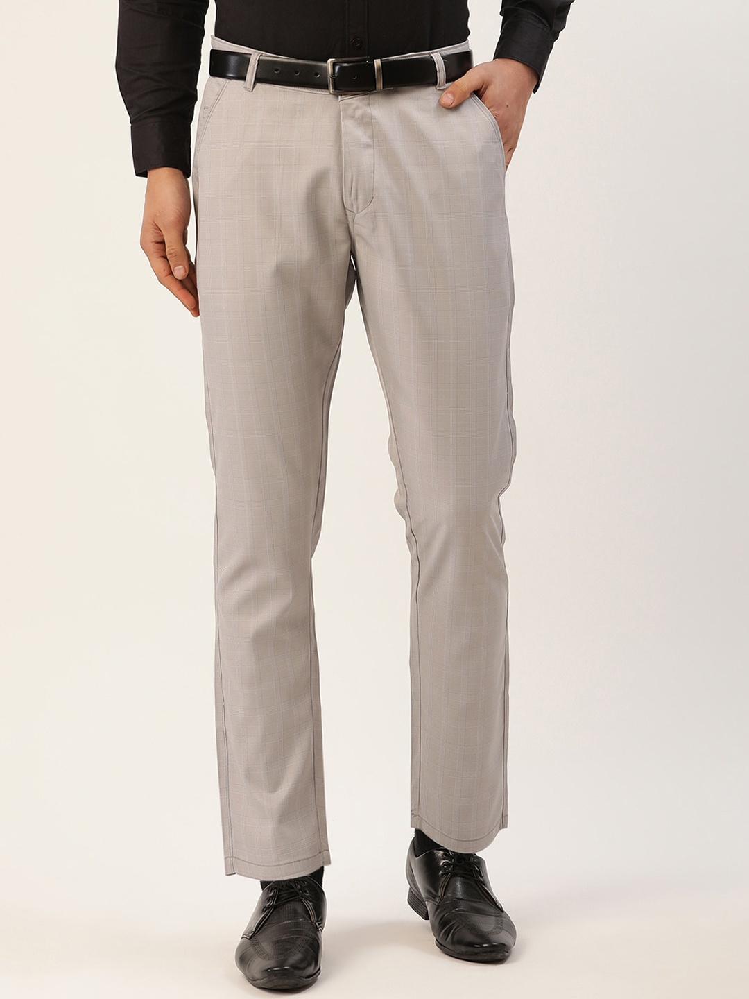 

JAINISH Men Checked Smart Tapered Fit Cotton Easy Wash Trousers, Grey