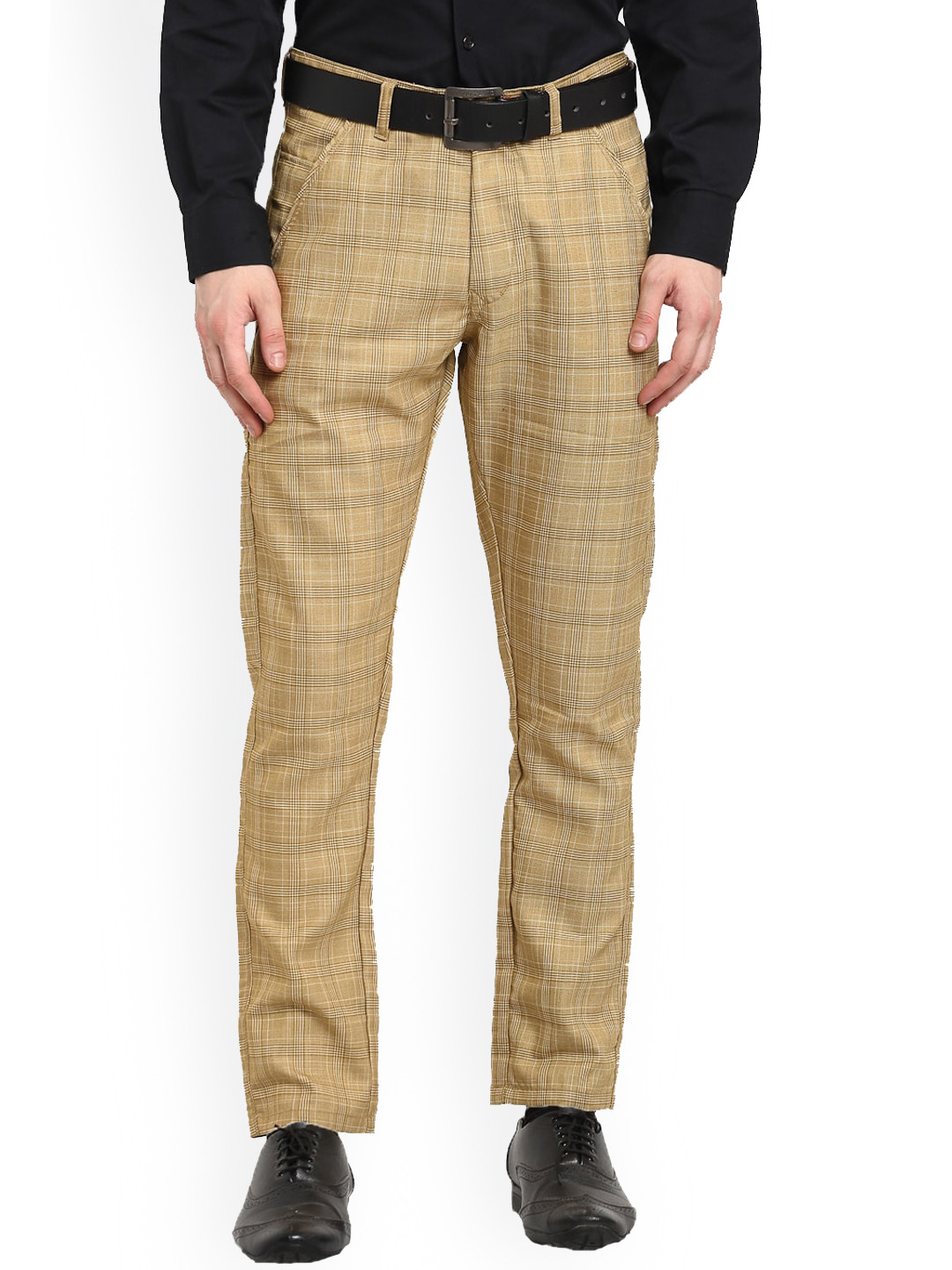 

JAINISH Men Checked Smart Tapered Fit Cotton Easy Wash Trousers, Beige