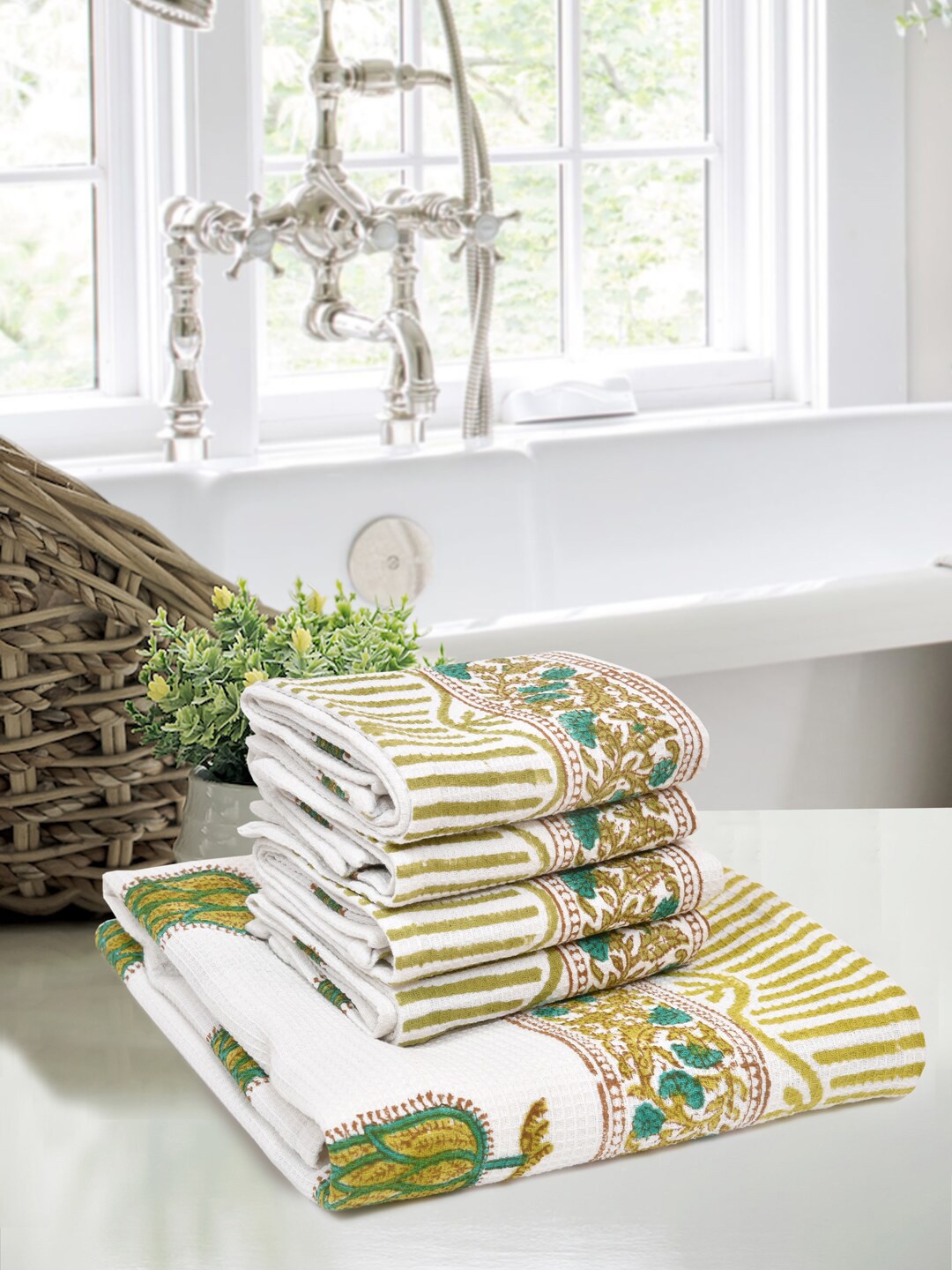 

BLOCKS OF INDIA Set Of 5 Printed Pure Cotton 210 GSM Towel Set, White