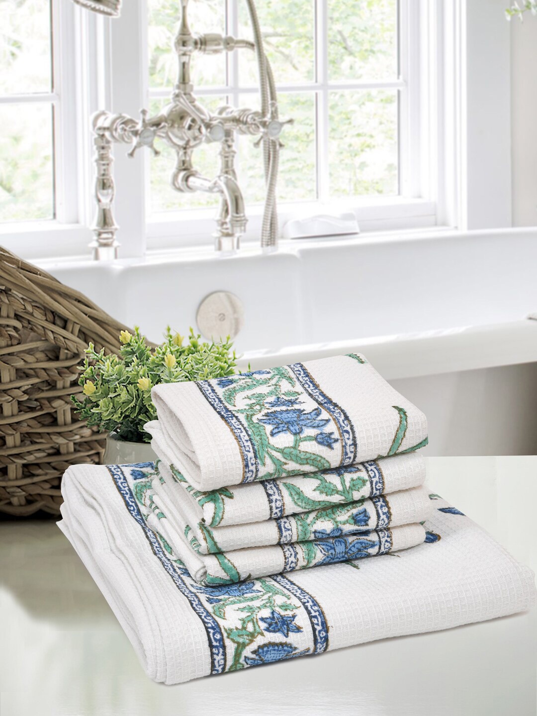 

BLOCKS OF INDIA Set Of 5 Printed Pure Cotton 210 GSM Towel Set, White