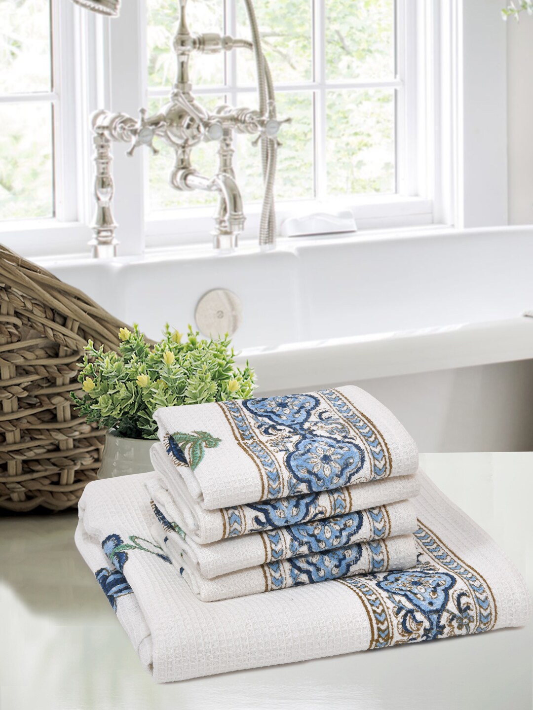 

BLOCKS OF INDIA Set Of 5 Printed Pure Cotton 210 GSM Towel Set, White