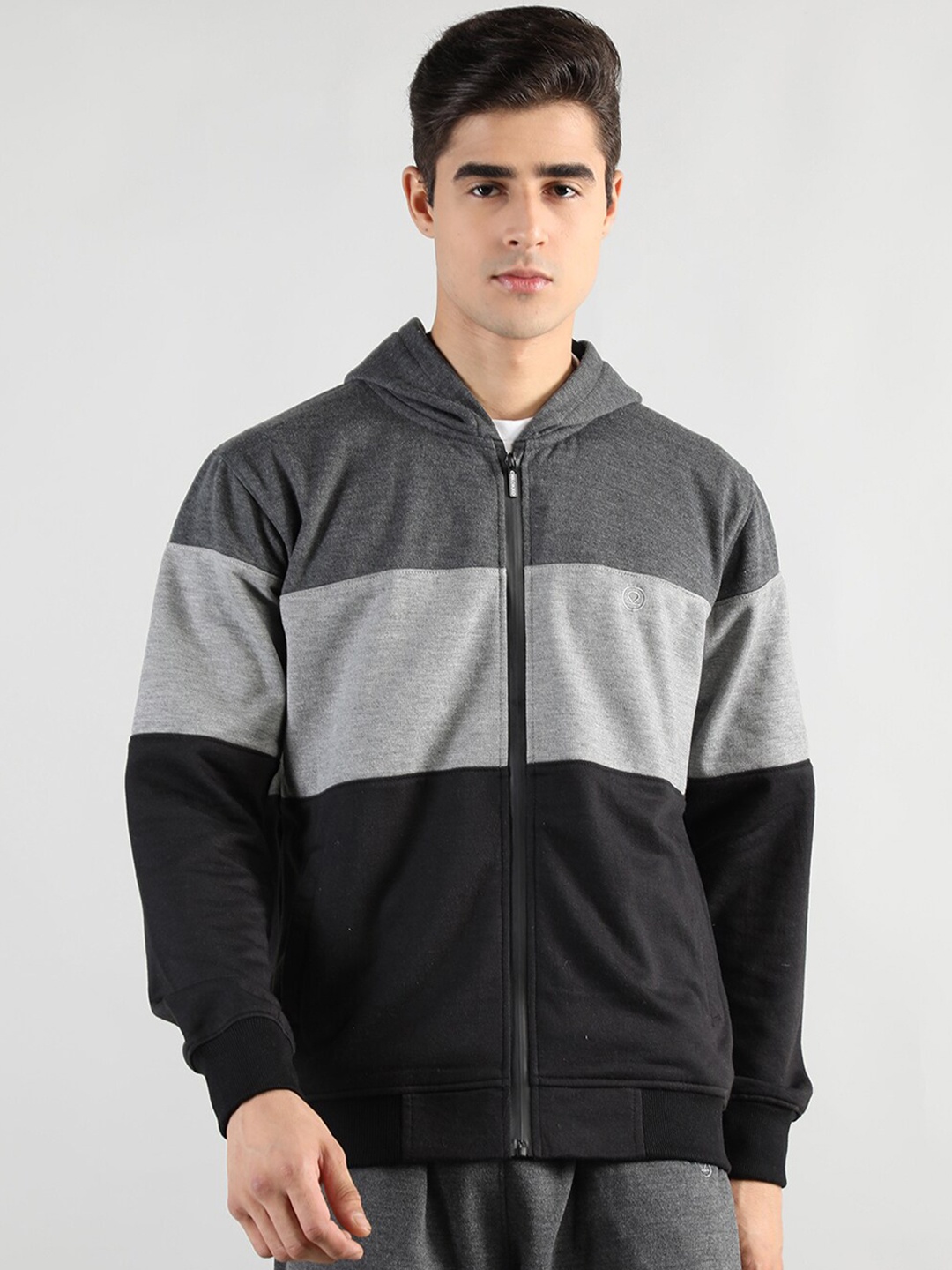 

CHKOKKO Men Colourblocked Outdoor Hooded Sporty Jacket, Grey
