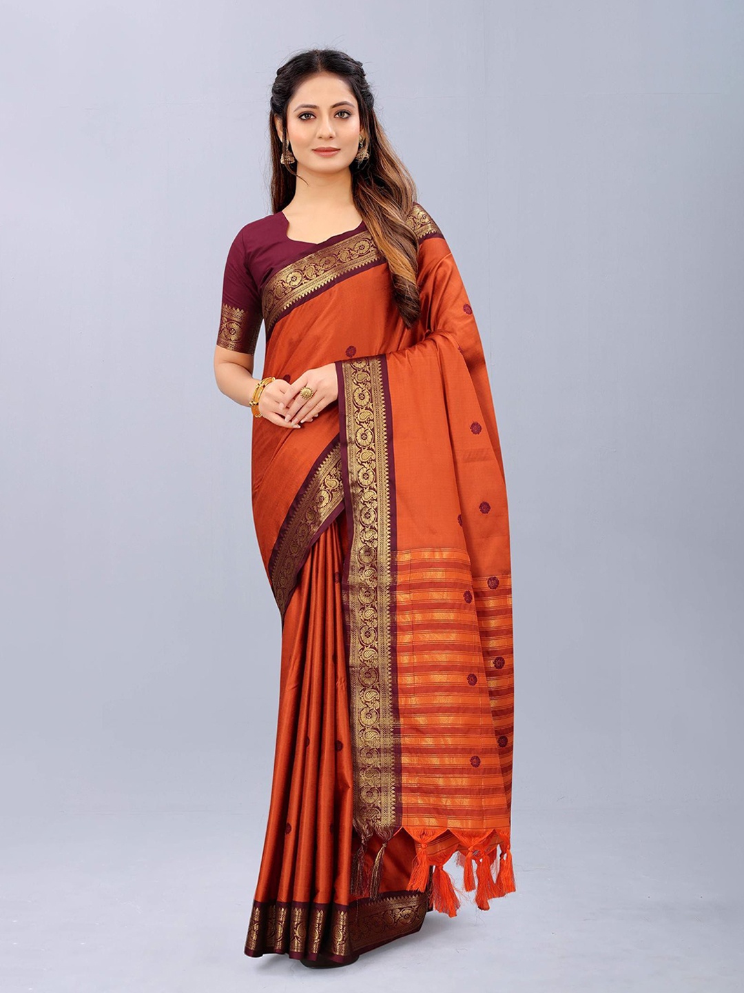 

Paramparik Textile Orange & Purple Warli Zari Pure Silk Dharmavaram Saree
