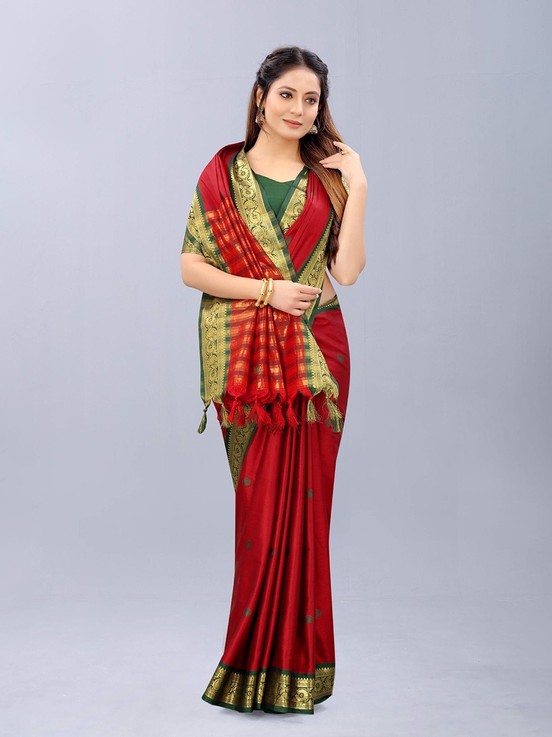 

Paramparik Textile Red & Green Woven Design Zari Pure Silk Dharmavaram Saree