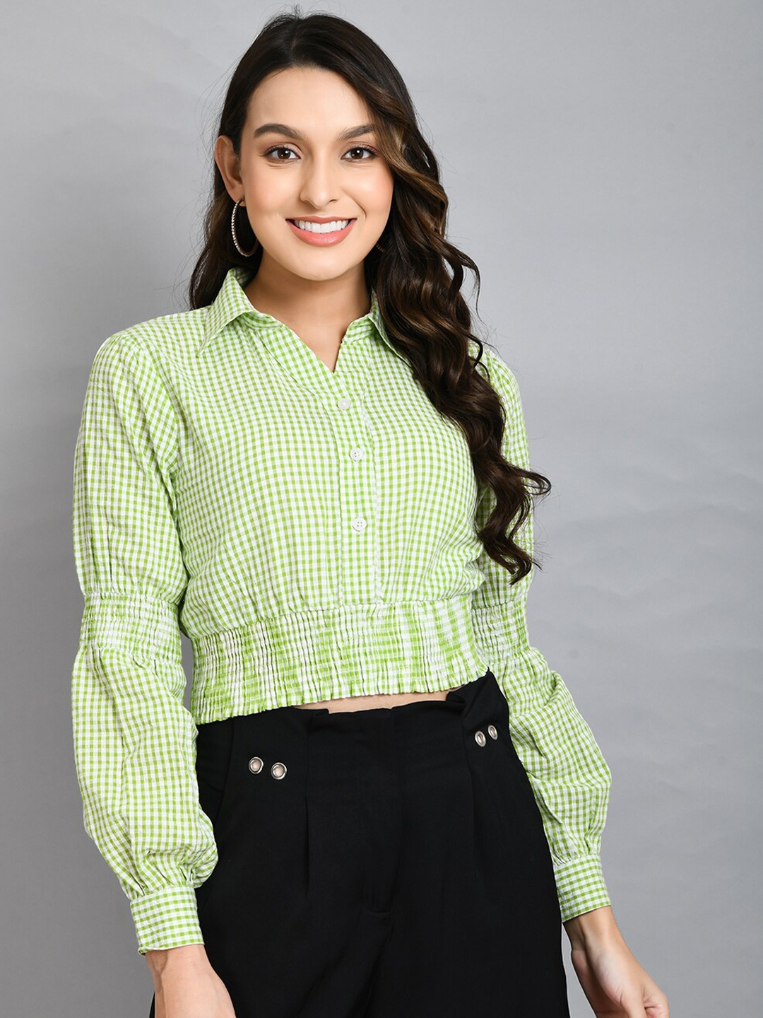 

PRETTY LOVING THING Pure Cotton Checked Shirt Style Crop Top, Green