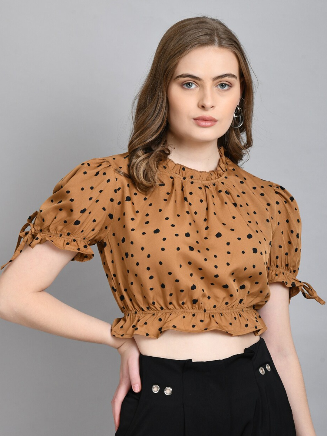 

PRETTY LOVING THING Print Blouson Crop Top, Brown