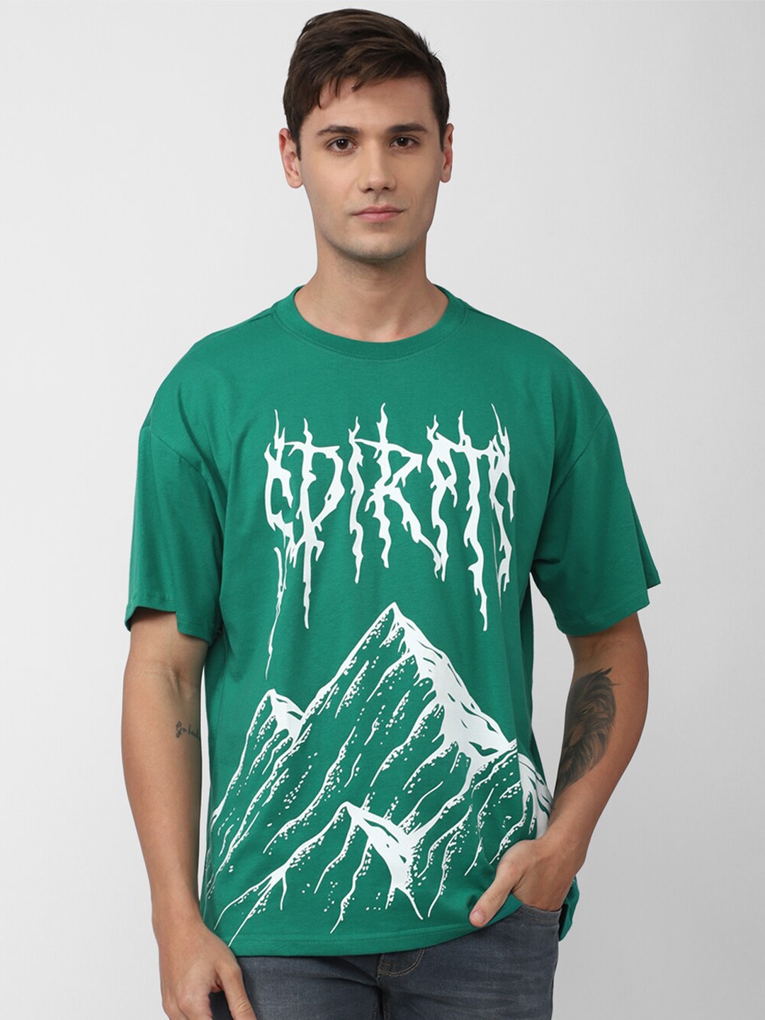 

FOREVER 21 Men Green & White Cotton Printed T-shirt