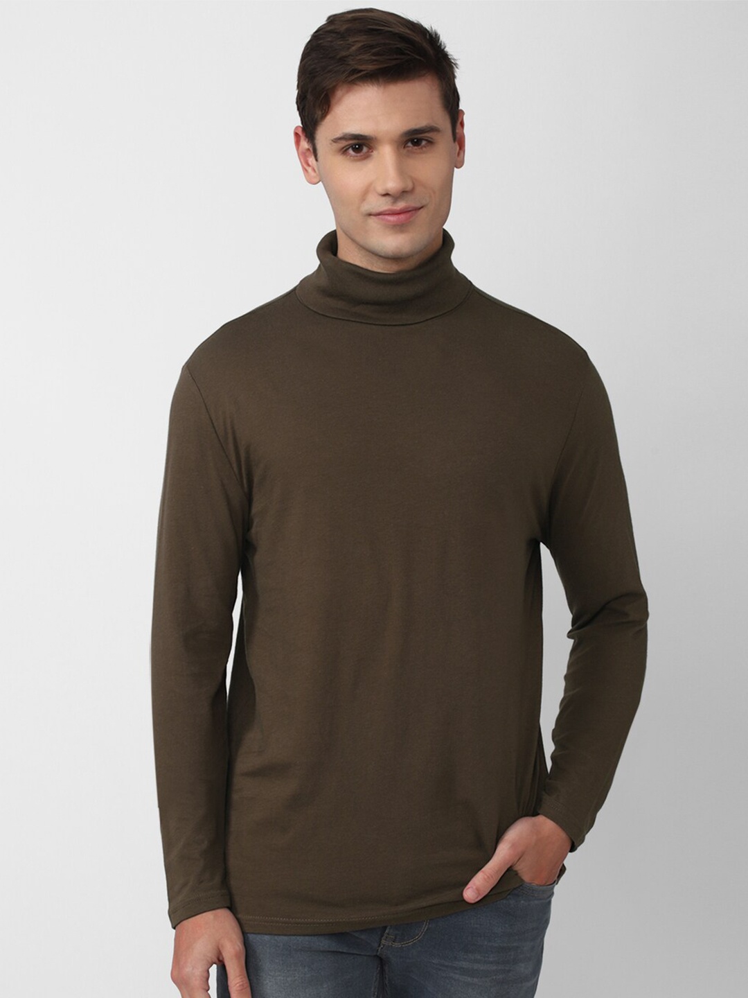 

FOREVER 21 Men Brown Cotton High Neck T-shirt