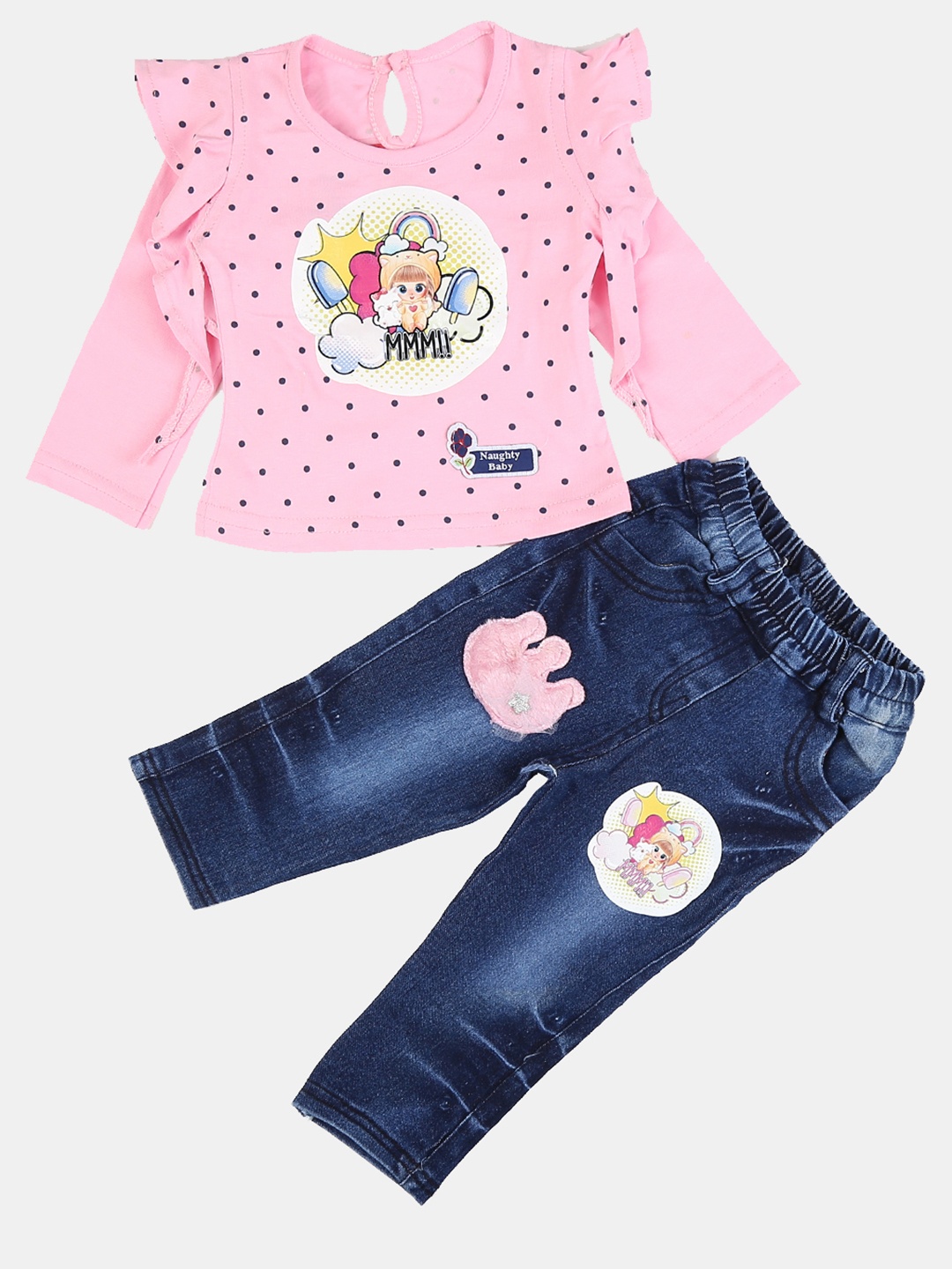 

V-Mart Kids Printed Pure Cotton T-shirt with Pyjamas Clothing Set, Pink