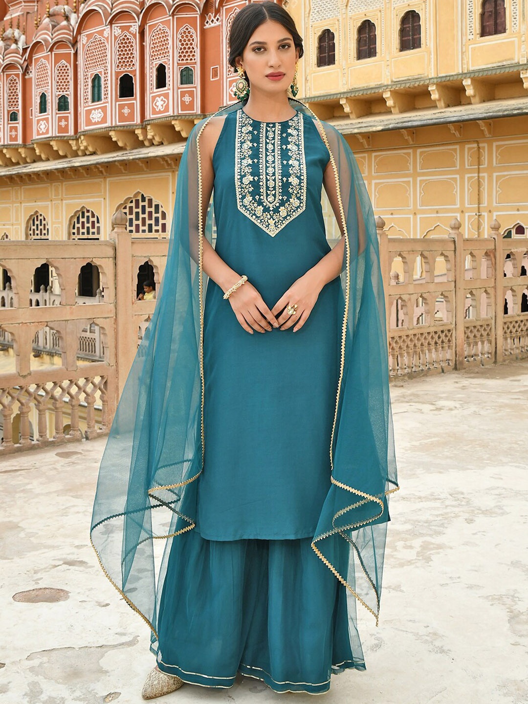 

Janasya Women Poly Silk Embroidered Kurta with Sharara & Dupatta, Teal