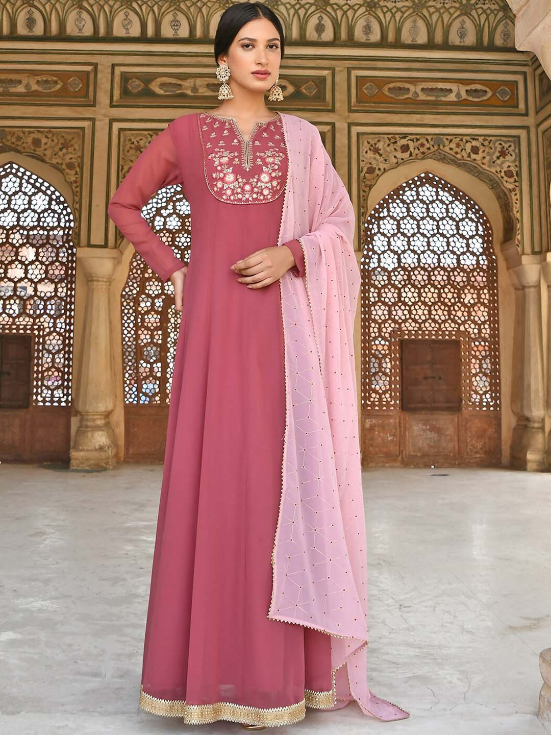 

Janasya Women Pink Georgette Embroidered Kurta with Dupatta